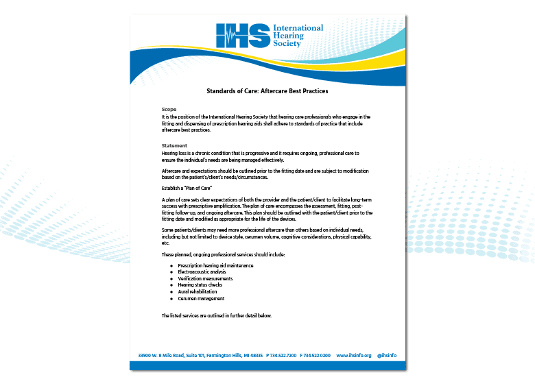Standards of Care: Aftercare Best Practices from the International Hearing Society for fitting hearing aids.