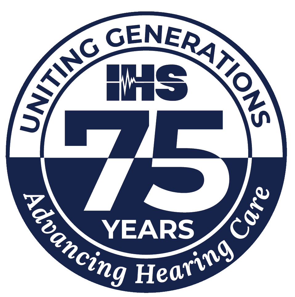 IHS 75th Anniversary logo with tagline "Uniting Generations. Advancing Hearing Care"