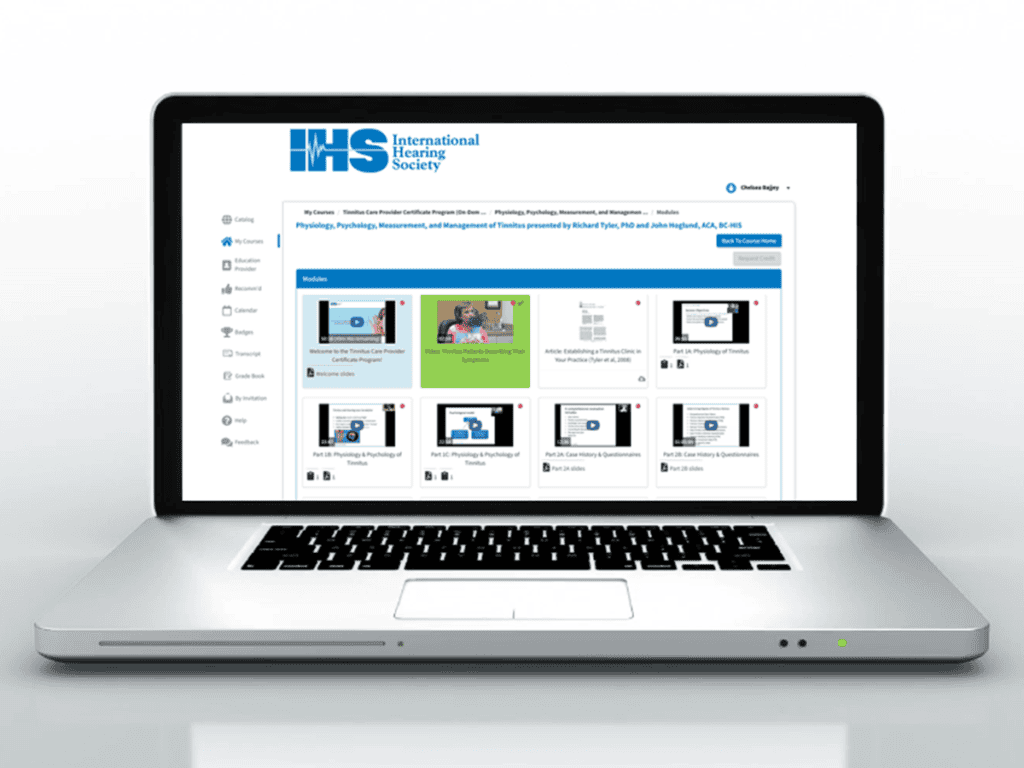 A laptop displaying the e-Learning Portal view from the Tinnitus Care Provider Program.