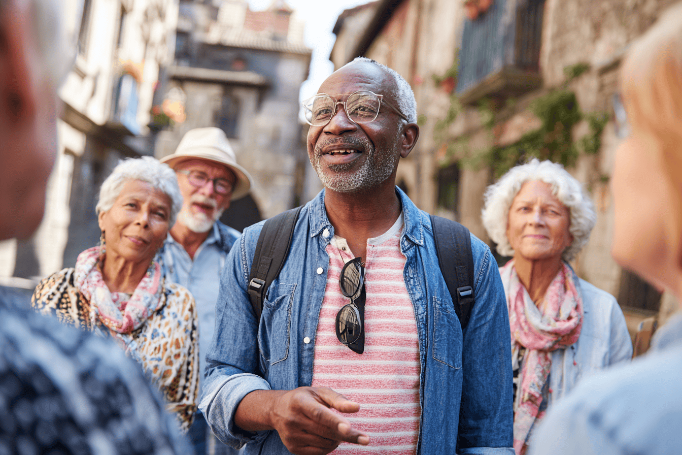 A group of older men and women on vacation touring a city.