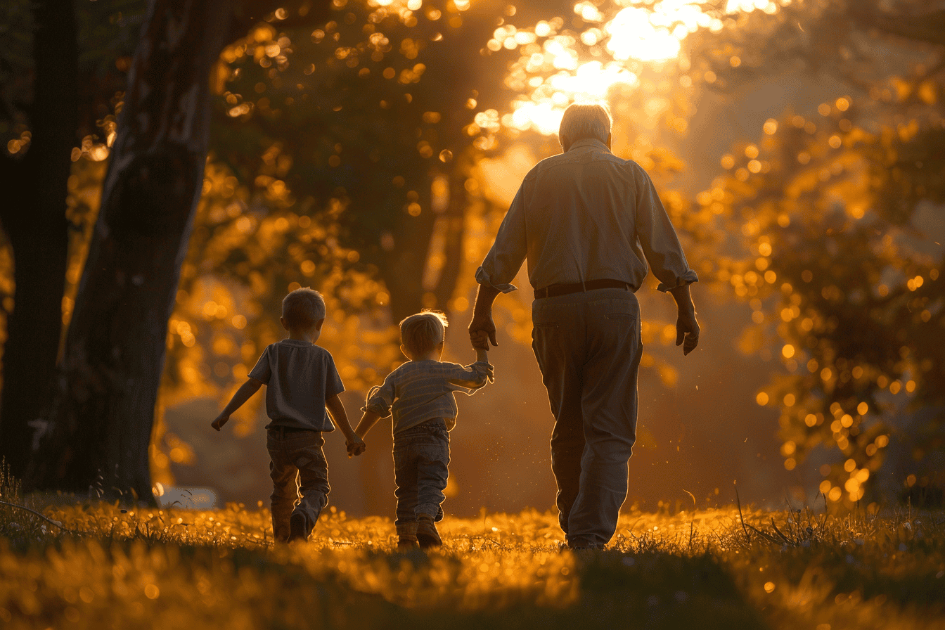 a silhouette of a  grandpa holding hands with his grandchild while walking