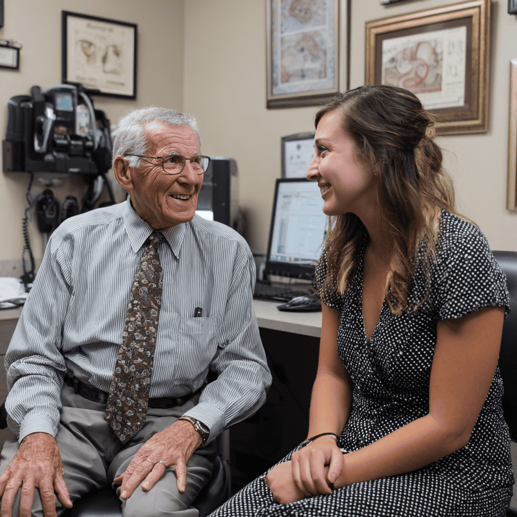 An elderly man wearing glasses and a tie sits in a medical exam room smiling and talking with a younger woman in a polka-dot dress; they face each other warmly beside a desk with a computer and hearing equipment in the background.