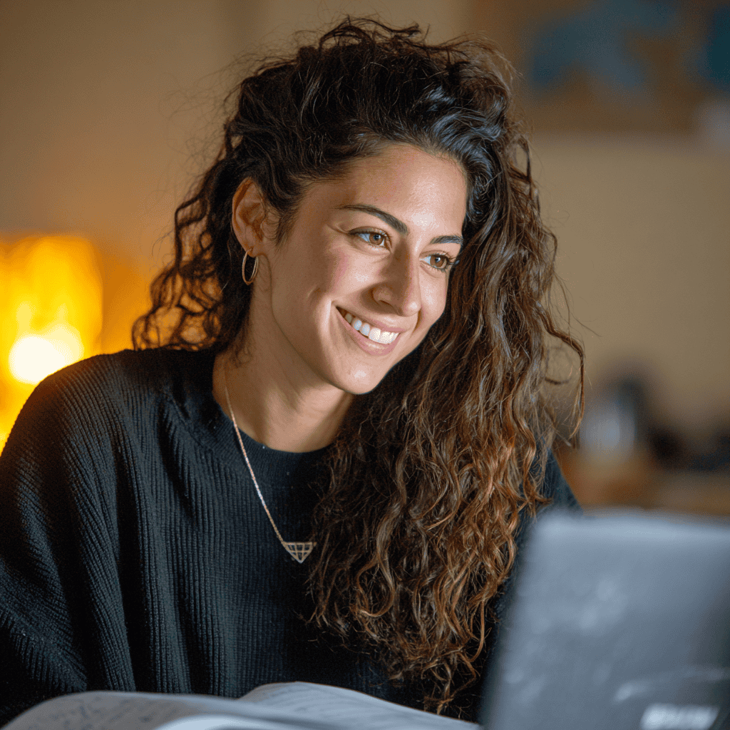 Woman with curly hair smiles while looking at a laptop, sitting at a desk in a softly lit room.