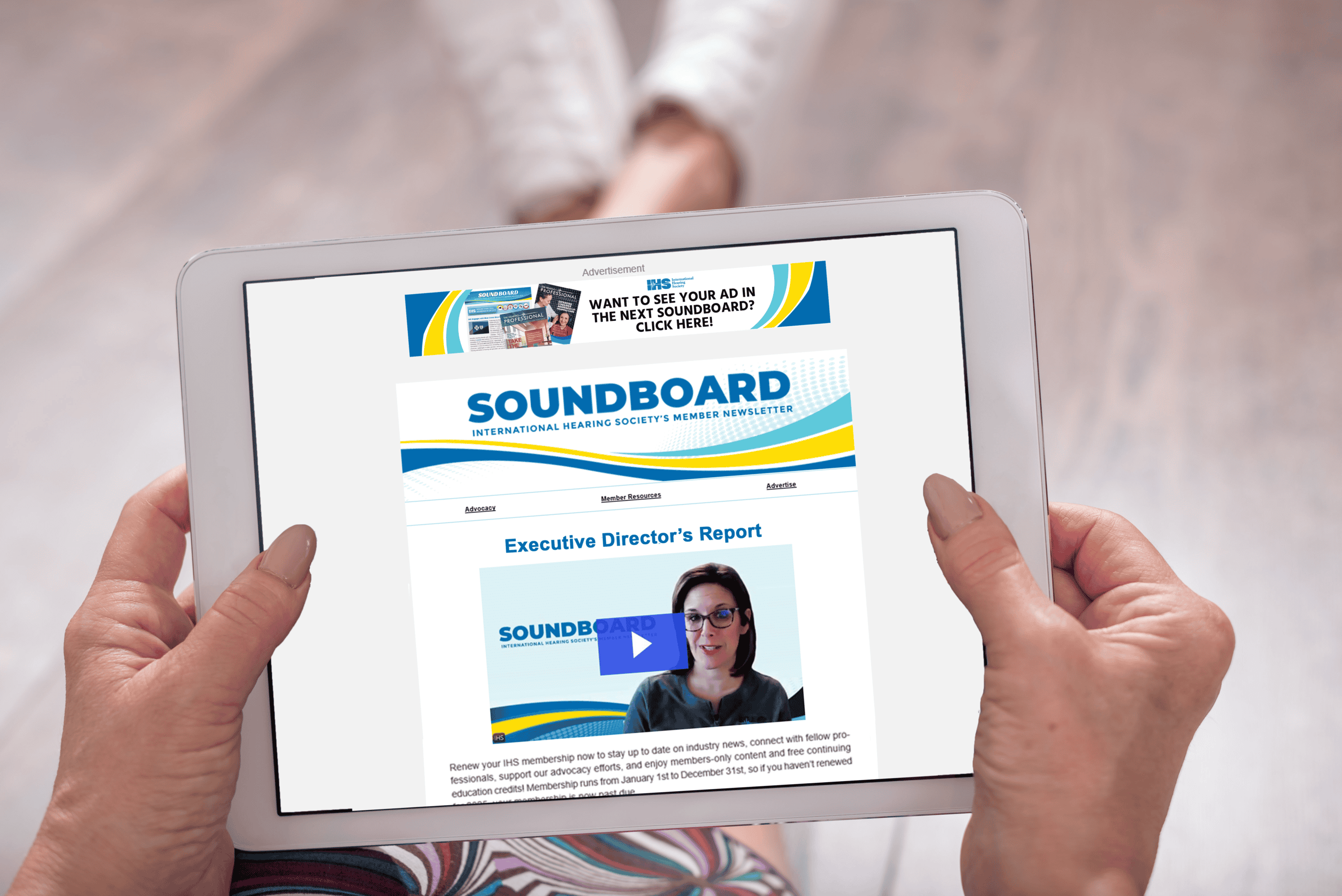 Close up of tablet showing the soundboard website.