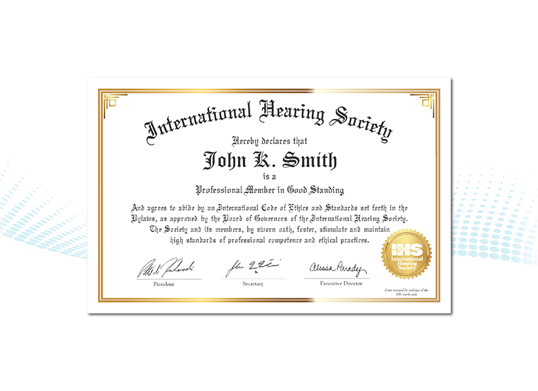 Certificate of achievement for IHS professional membership and ethical standards.