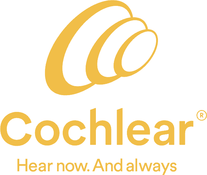 Cochlear logo featuring a stylized yellow cochlea symbol and the company name.