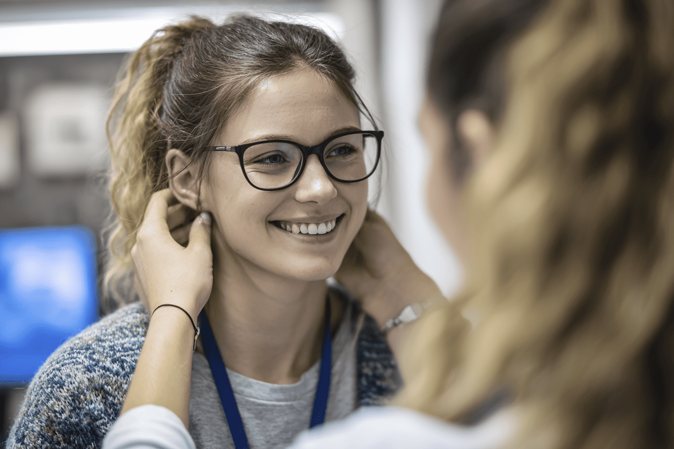 Woman smiling during a medical consultation, healthcare professional listening attentively.