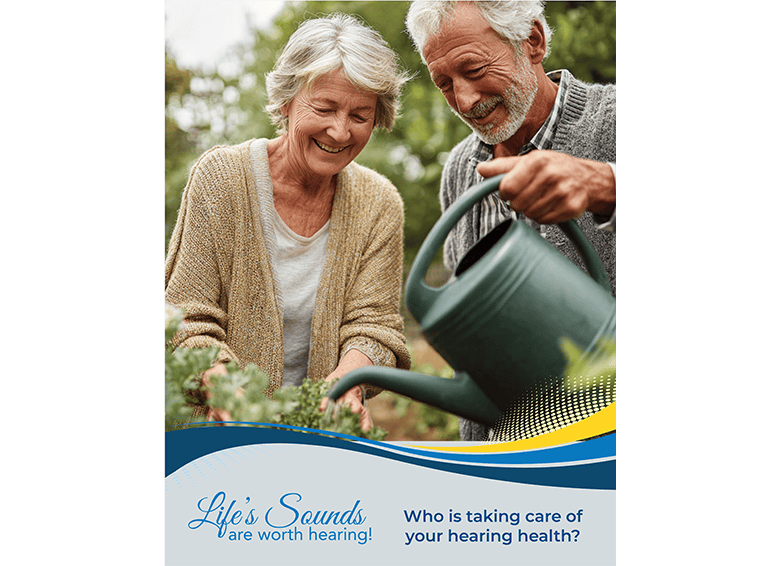Elderly couple gardening with watering can, promoting hearing health awareness.