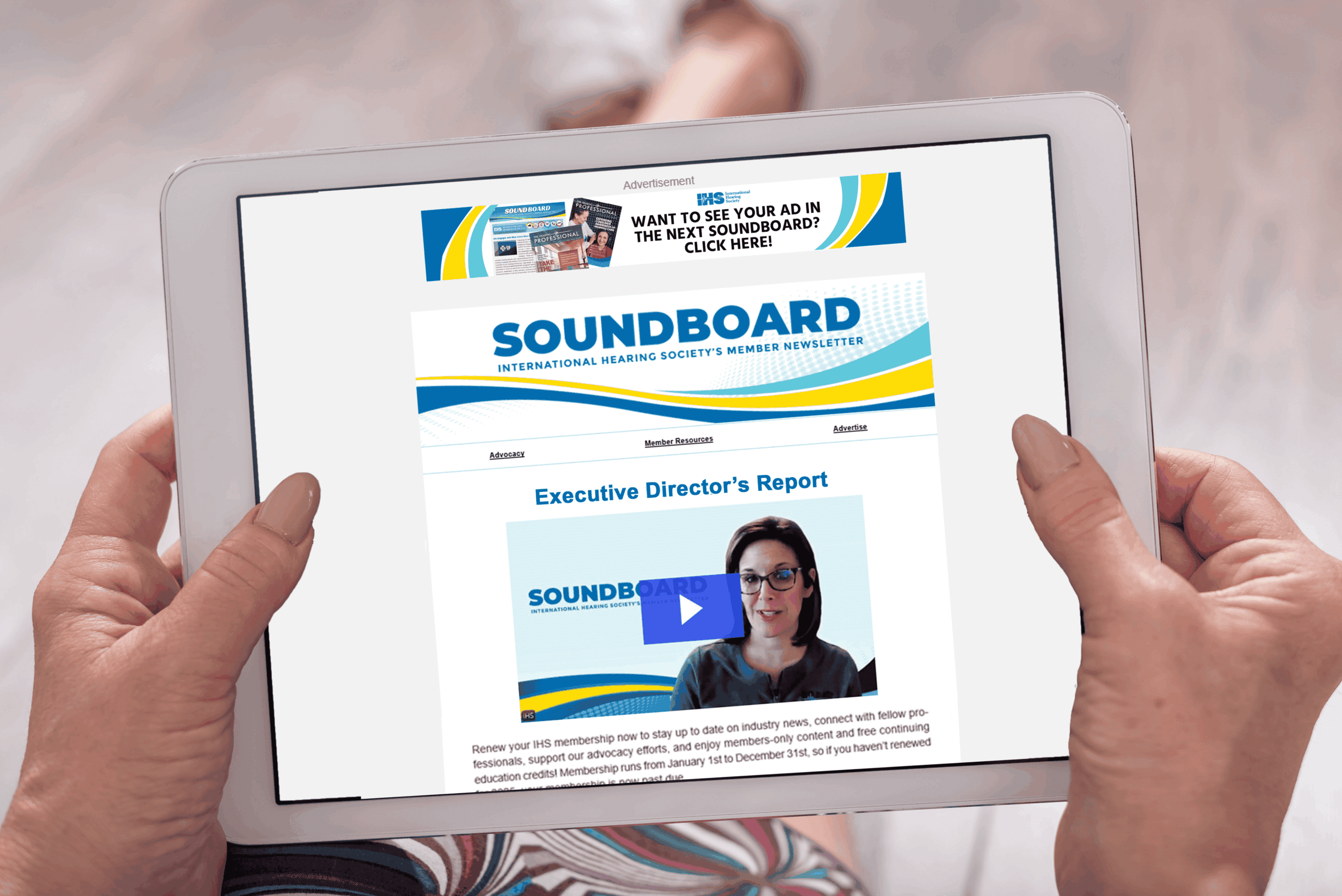 Close up of tablet showing the soundboard website.