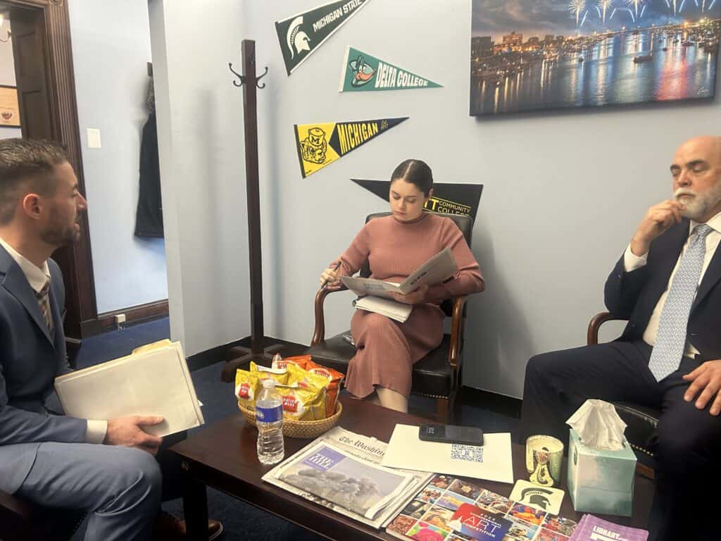 IHS Members Ryan Lash, AHAP, BC-HIS; and Clell Hamm, BA, BC-HIS discuss HR 3088 with Emma Casey, staff for U.S. Representative Kristen McDonald Rivet (D-MI) for Michigan's 8th Congressional District