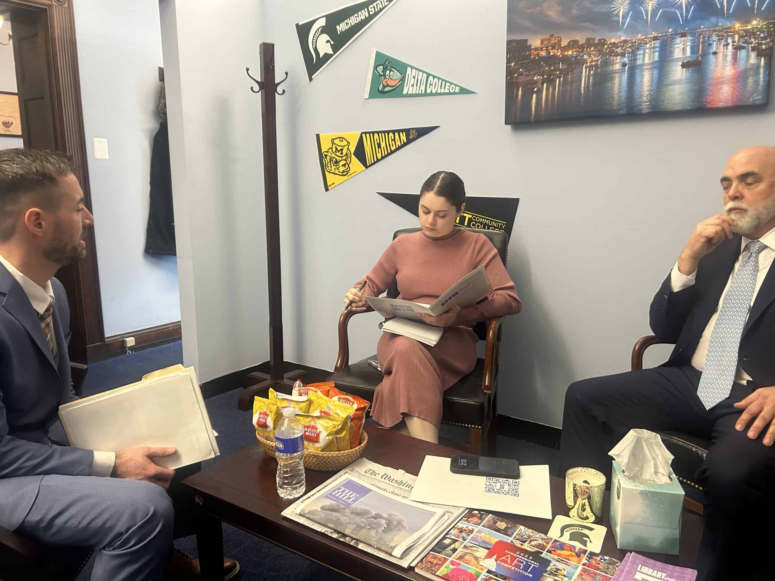 IHS Members Ryan Lash, AHAP, BC-HIS; and Clell Hamm, BA, BC-HIS discuss HR 3088 with Emma Casey, staff for U.S. Representative Kristen McDonald Rivet (D-MI) for Michigan's 8th Congressional District