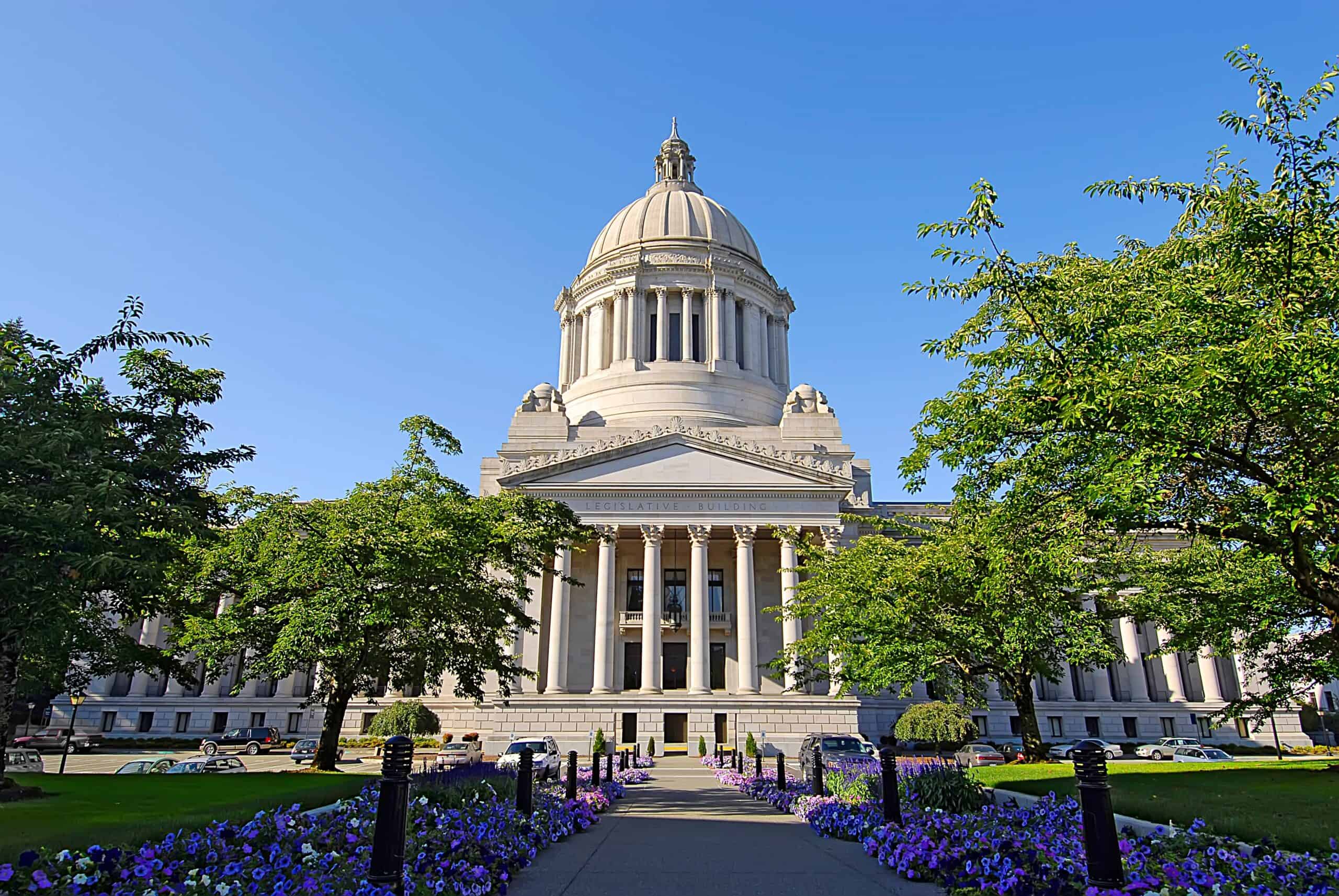 Washington State Capitol Building with blue flowers.