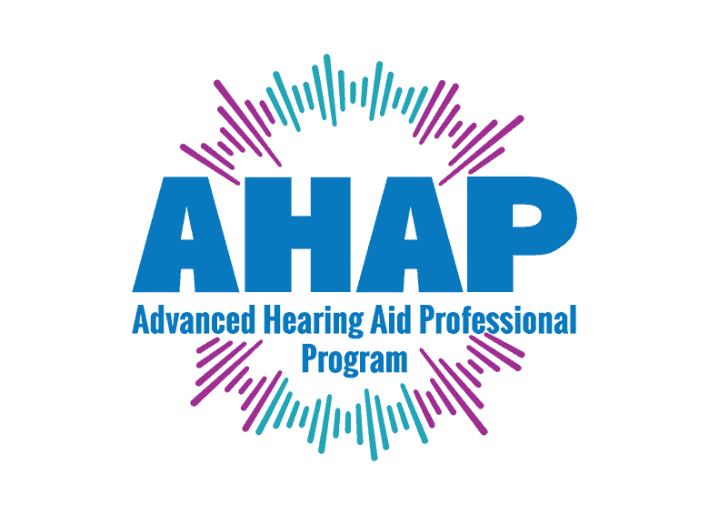 Advanced Hearing Aid Professional Program logo with purple and teal accents.