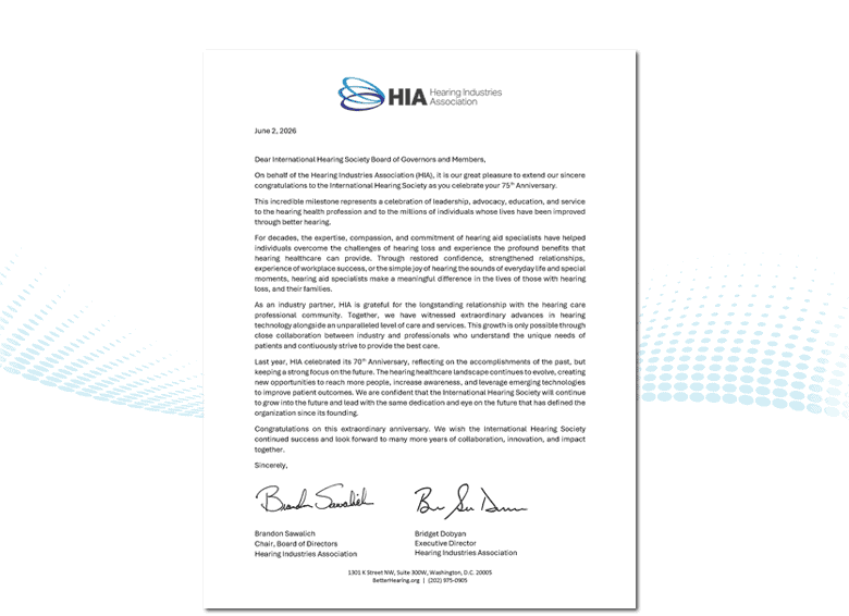 HIA 75th Anniversary letter from Brandon Sawalich and Bridget Dotson